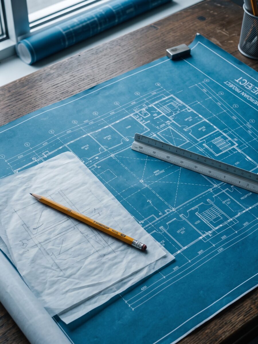 Plans d'architecte déroulés sur une table à dessin