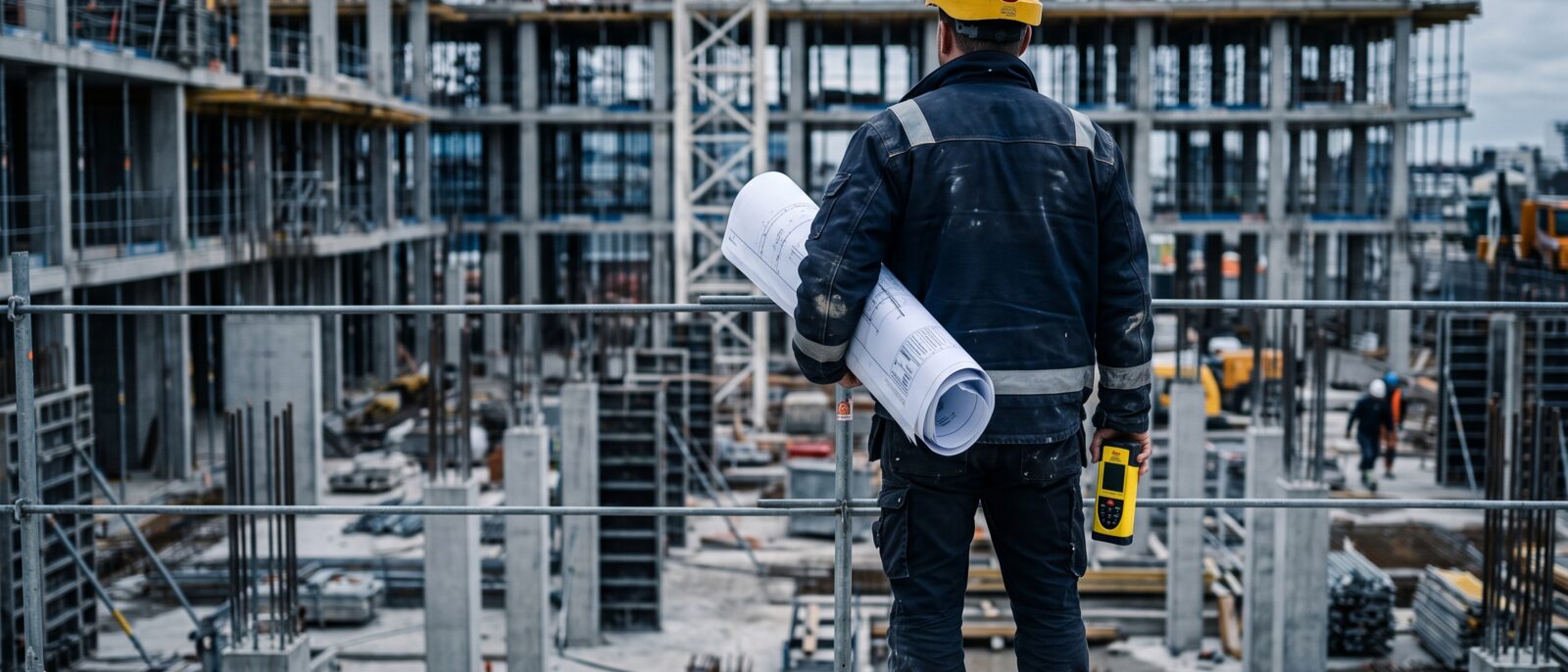 Économiste de la construction sur un chantier, plans sous le bras